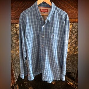 Simms Light Blue Checkered Button Down Fishing Shirt XXL